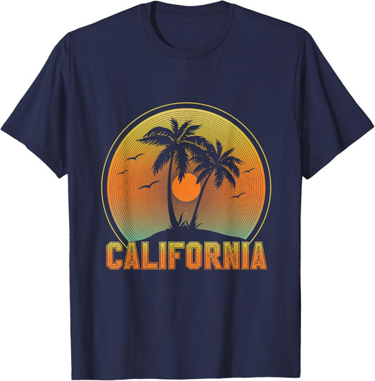 California Retro Vintage Beach Surf Summer Palm Trees T-Shirt - T-Shirt | Navy