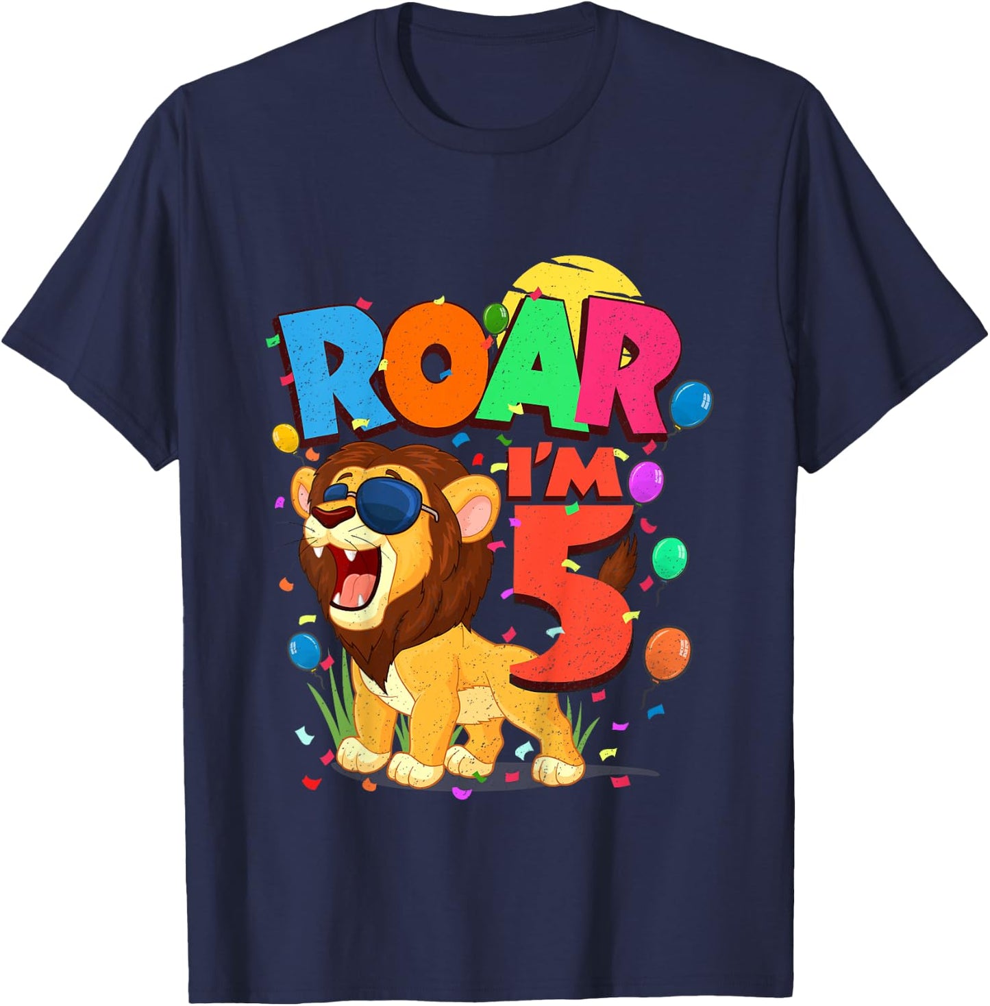 Kids 5th Birthday ROAR I'M 5 Year Old Shirt Boys Lion Safari Gift T-Shirt - T-Shirt | Navy
