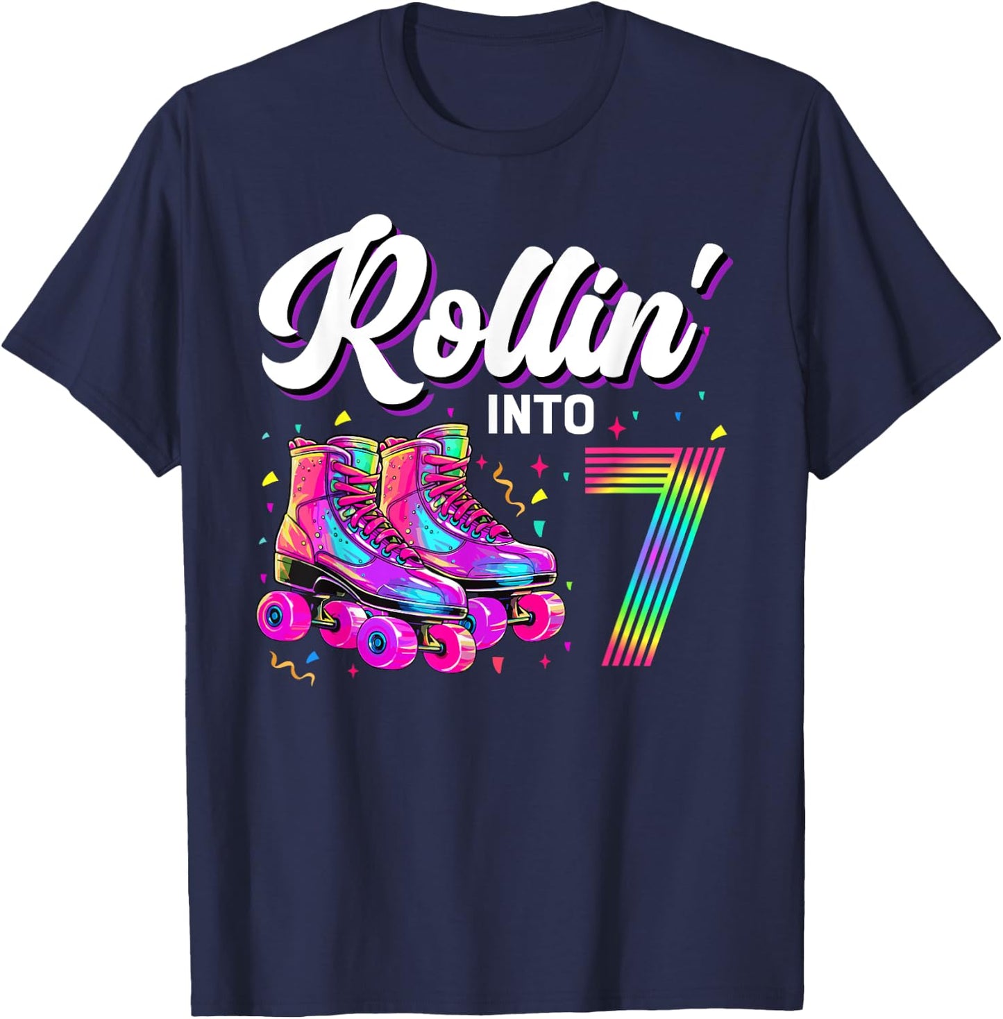 7th Birthday Shirt Girl 7 Year Old Roller Skate Skating T-Shirt - T-Shirt | Navy
