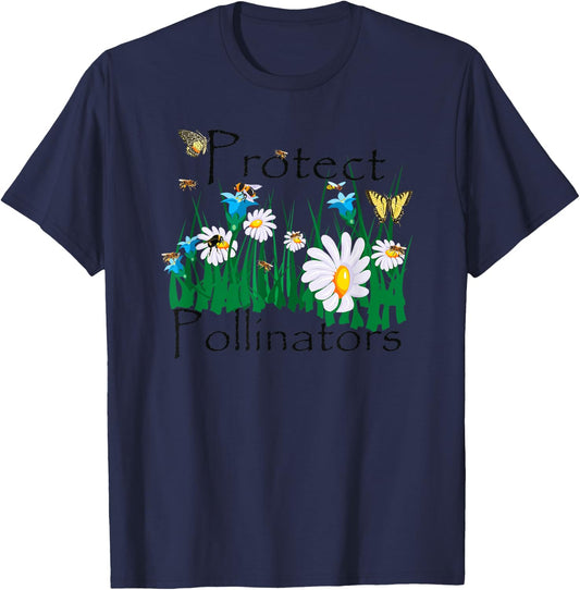 Protect Pollinators Bees Butterflies Flowers Botanical T-Shirt - T-Shirt | Navy
