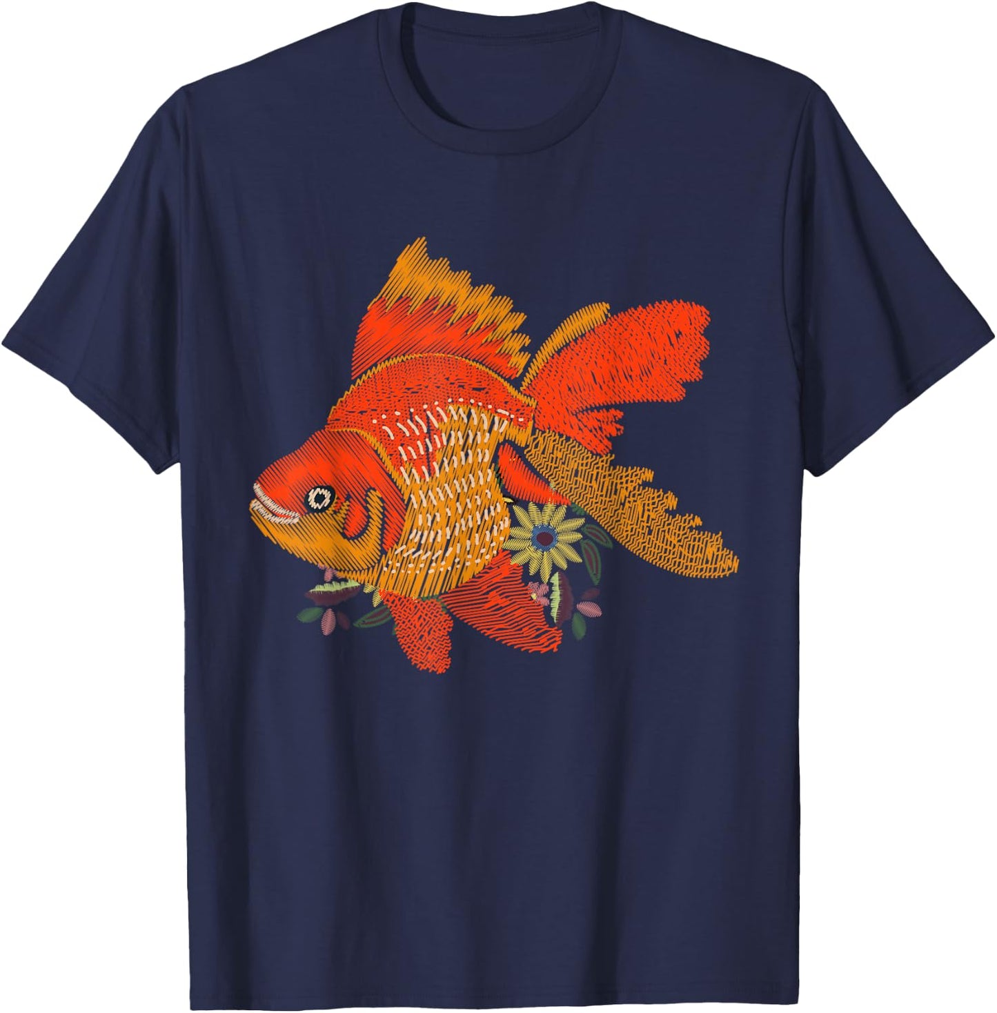 Japanese Goldfish - Vintage Floral Embroidery Look T-Shirt - T-Shirt | Navy