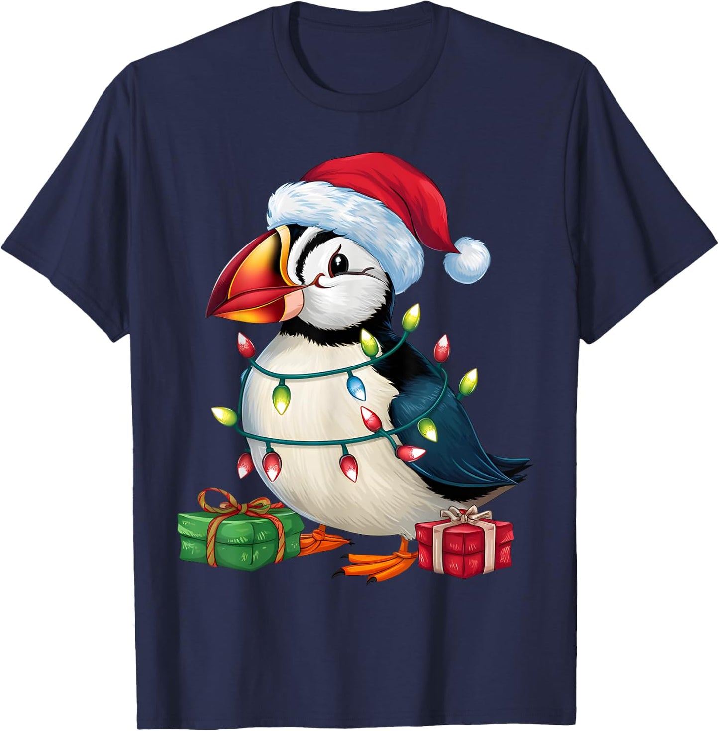 Puffin Bird Lover Xmas Lighting Santa Hat Puffin Christmas T-Shirt - T-Shirt | Navy