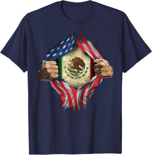 Mexican American Super Hero Flag T Shirt T-Shirt - T-Shirt | Navy