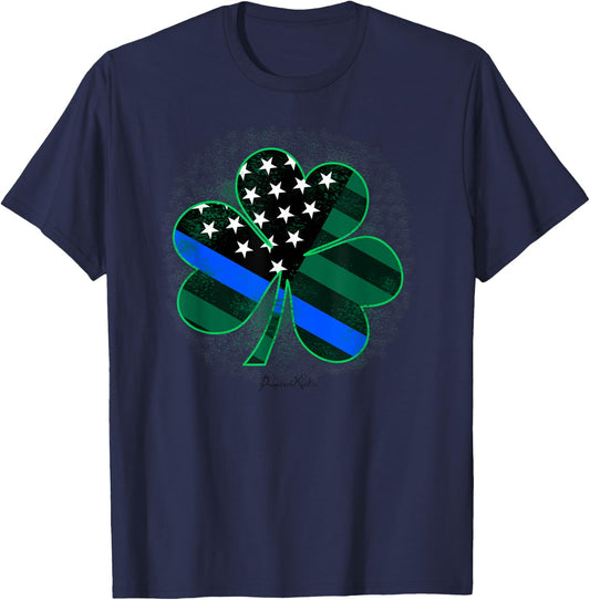 Thin Blue Line St Patricks Day Shirt Police Shamrock T-Shirt - T-Shirt | Navy
