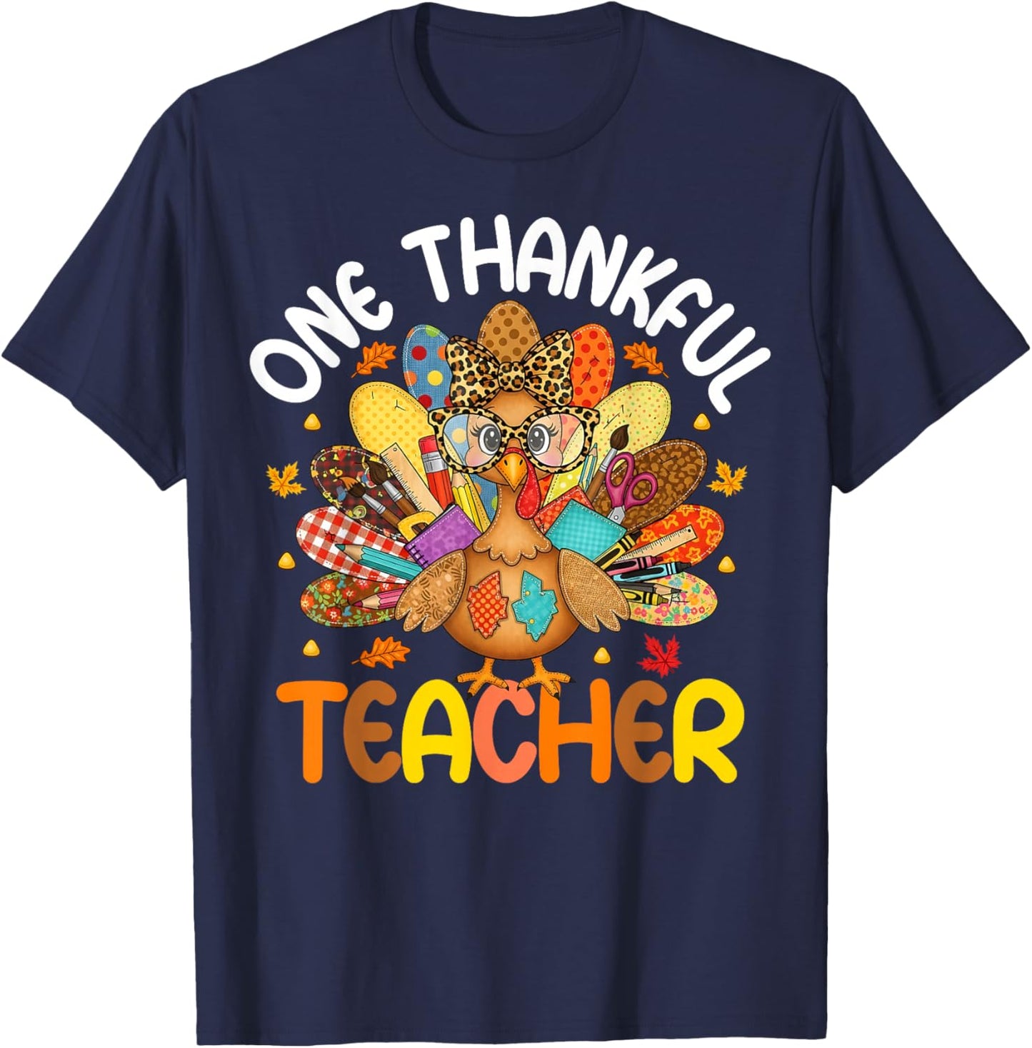 One Thankful Teacher Thanksgiving Patchwork Turkey Cute T-Shirt - T-Shirt | Navy
