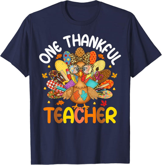 One Thankful Teacher Thanksgiving Patchwork Turkey Cute T-Shirt - T-Shirt | Navy