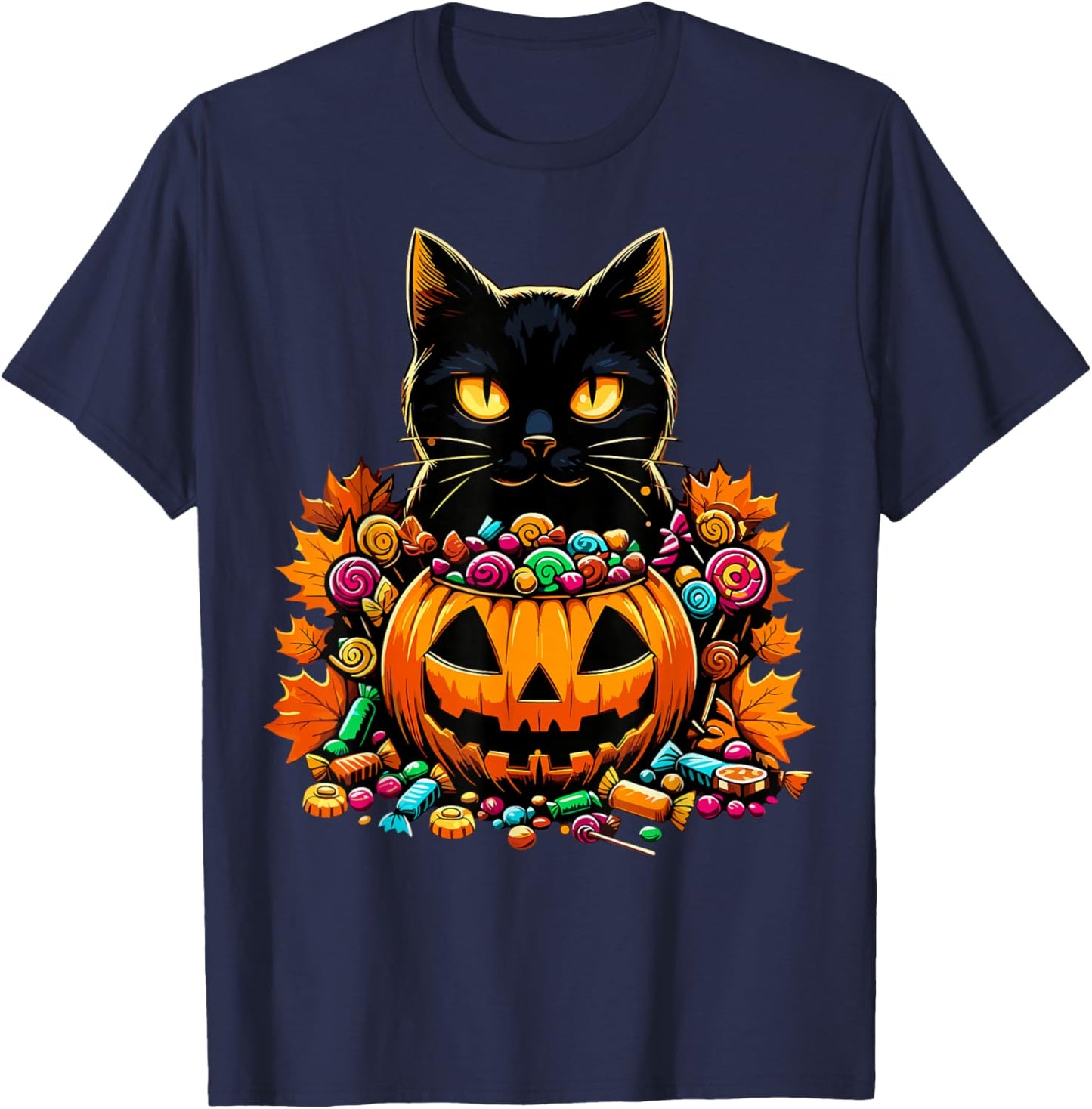 Halloween Black Cat Pumpkin Candy Autumn T-Shirt - T-Shirt | Navy