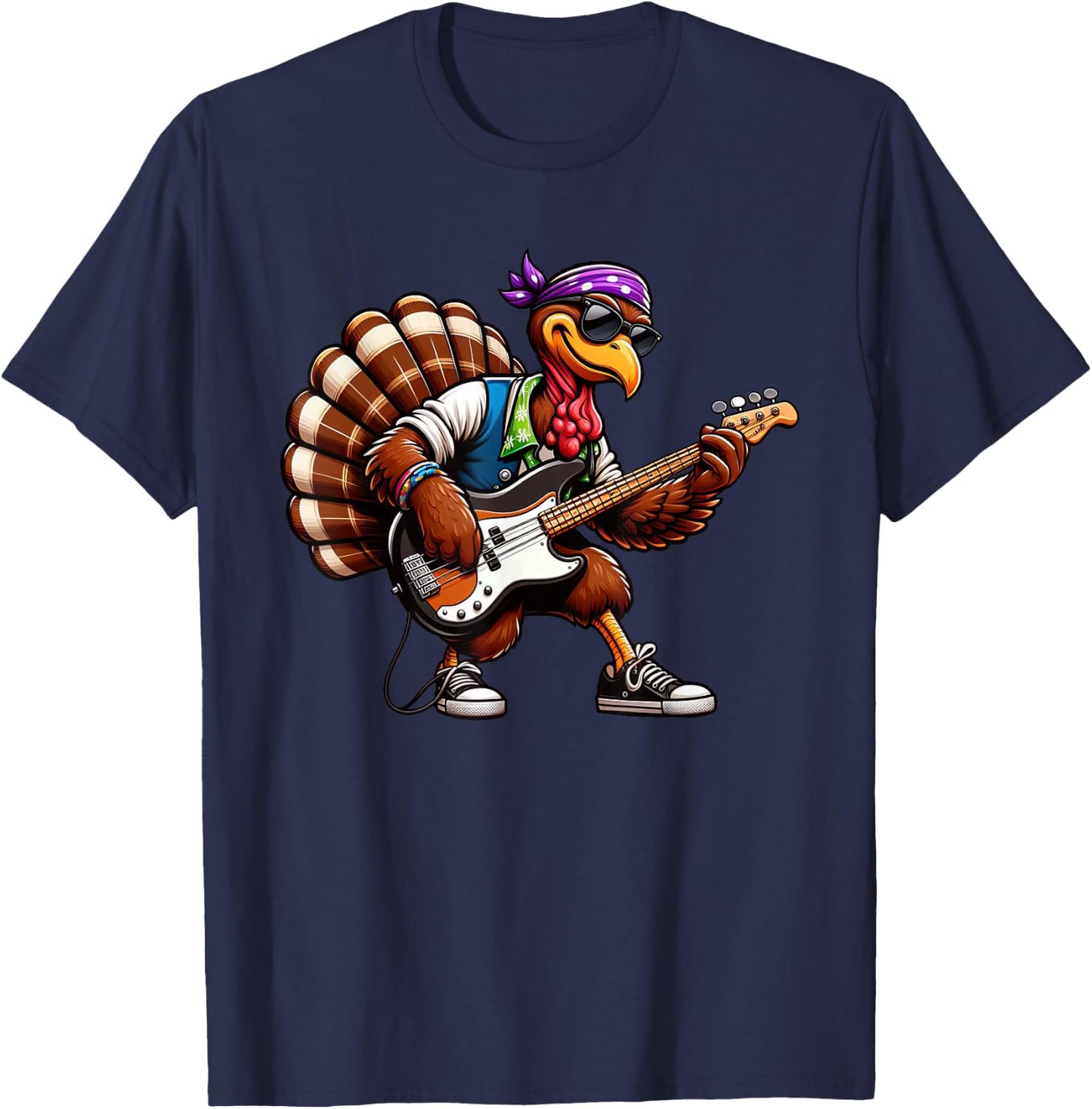 Funny Turkey Guitarist Thanksgiving Bass Guitar T-Shirt - T-Shirt | Navy