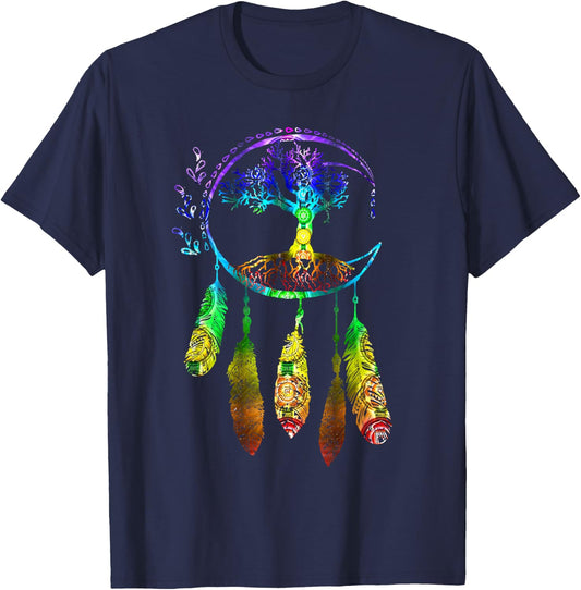 Moon Dream Catcher Feathers Tree of Life Gift T-Shirt - T-Shirt | Navy