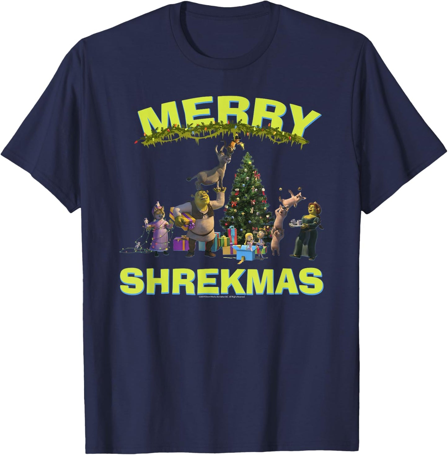Shrek Group Shot Friends Merry Shrekmas Bold Holiday Text T-Shirt - T-Shirt | Navy