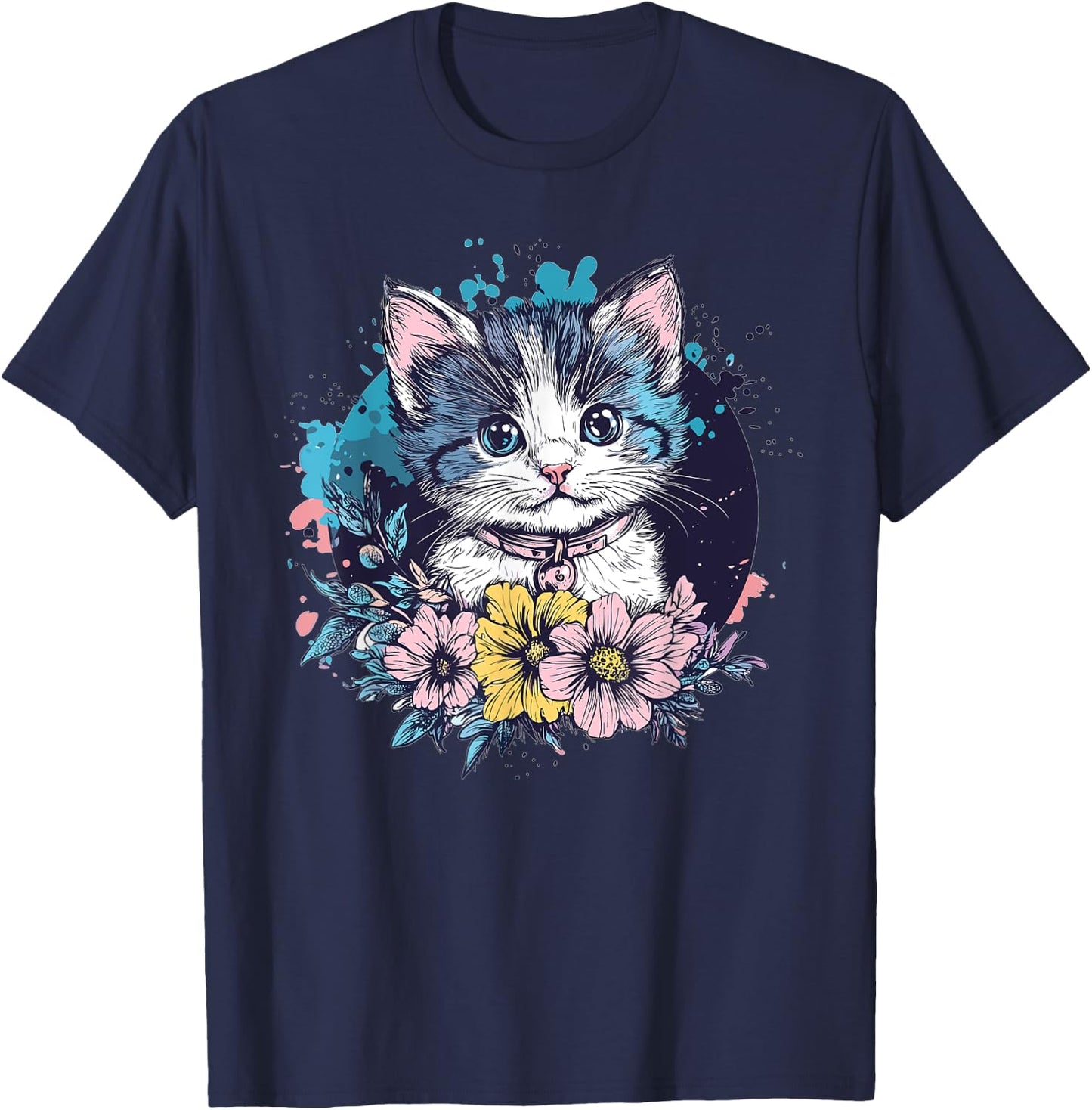 Cute Cat With Flowers I Kids Cat T-Shirt - T-Shirt | Navy