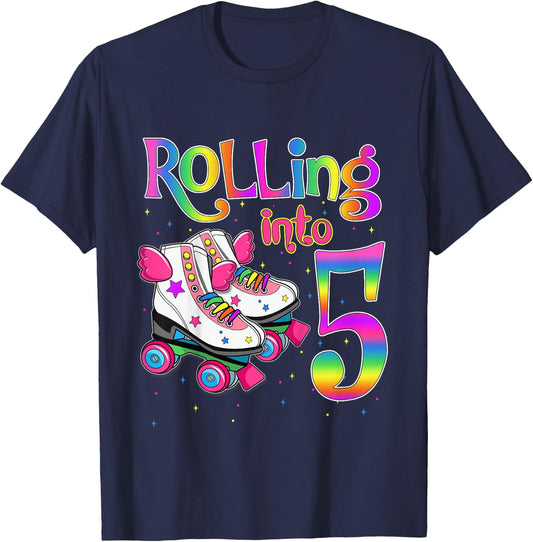 Rolling Into 5 years Let's Roll I'm Turning 5 Roller Skate T-Shirt - T-Shirt | Navy