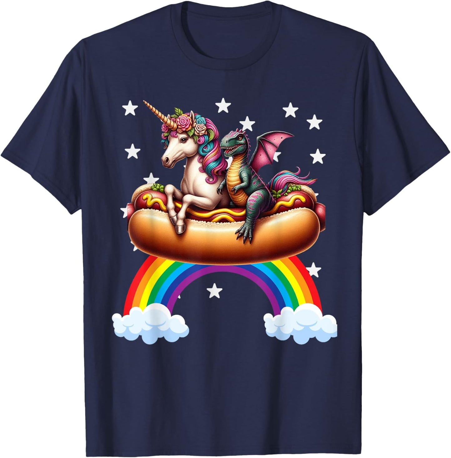 Unicorn Riding Hot Dog Boys Girls Women Kids Teens Dinosaur T-Shirt - T-Shirt | Navy