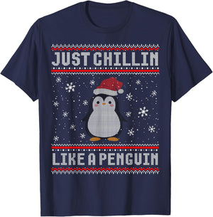 Just Chillin Like A Penguin Ugly Christmas Sweater T-Shirt - T-Shirt | Navy