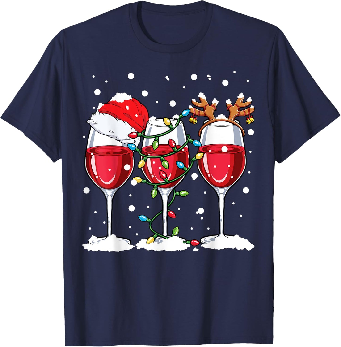 Wine Christmas Santa Hat Xmas Lights Reindeer Antlers Women T-Shirt - T-Shirt | Navy