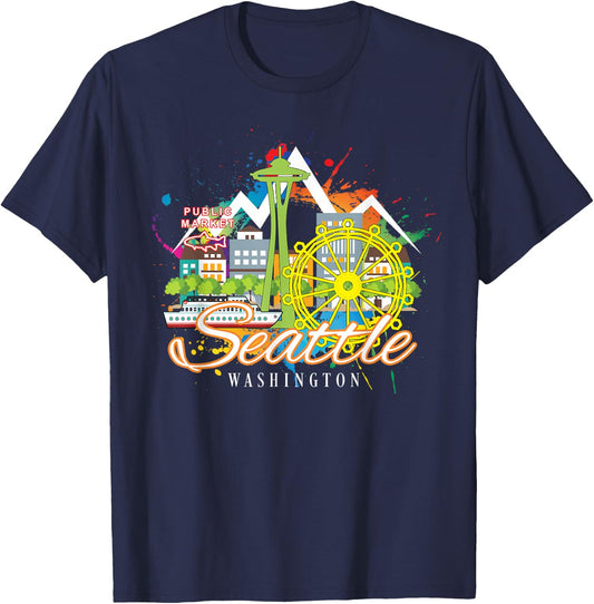 Seattle Washington Space Needle Harbor Skyline Souvenir T-Shirt - T-Shirt | Navy