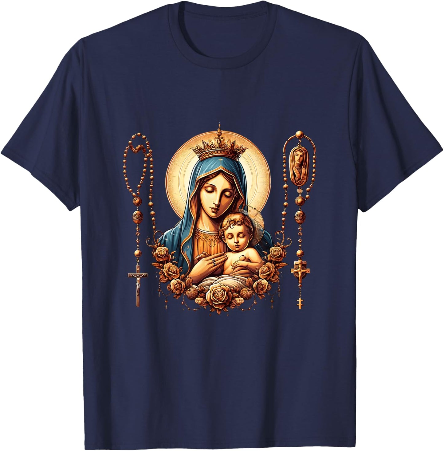 Holy Rosary Virgin Mary Baby Jesus Catholic Rosary Mysteries T-Shirt - T-Shirt | Navy