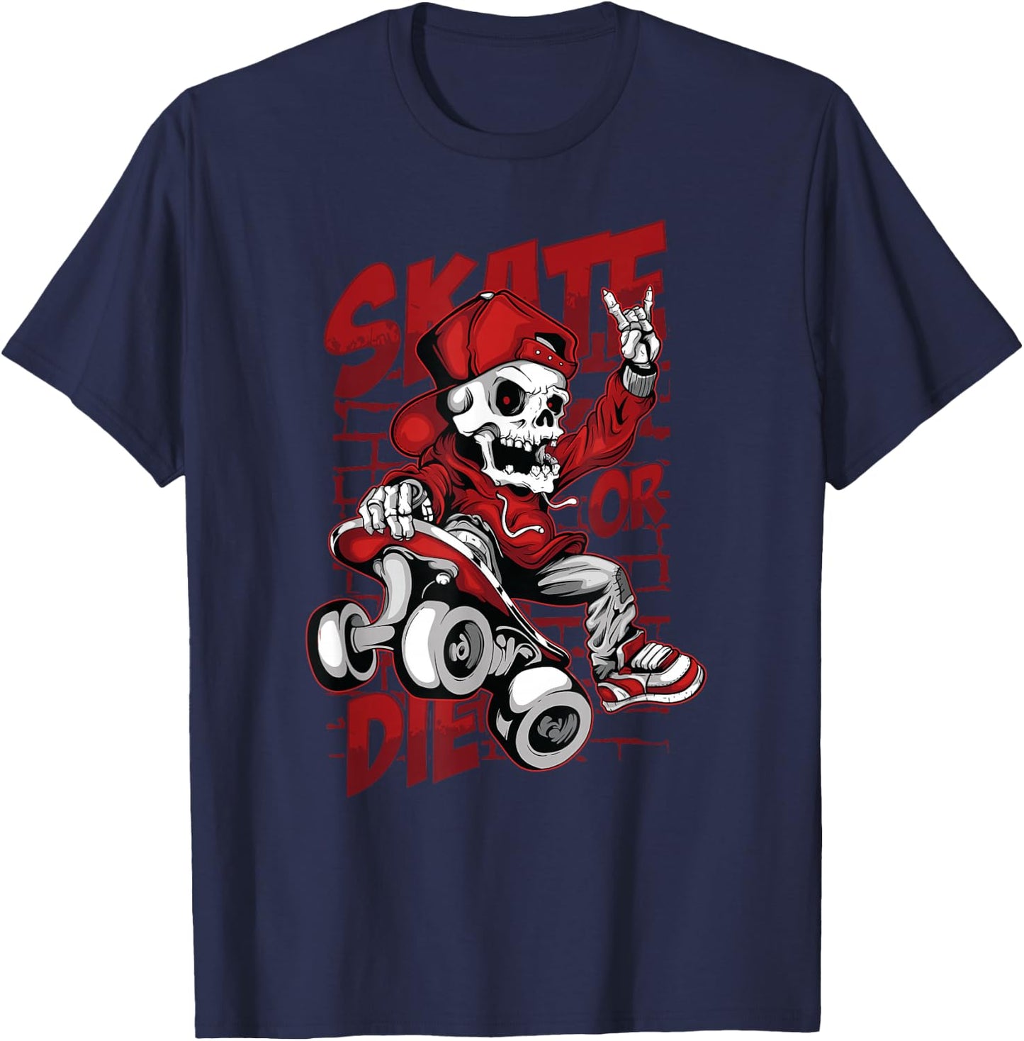 Skate or Die Skating Skeleton Skull Halloween Skateboard T-Shirt - T-Shirt | Navy