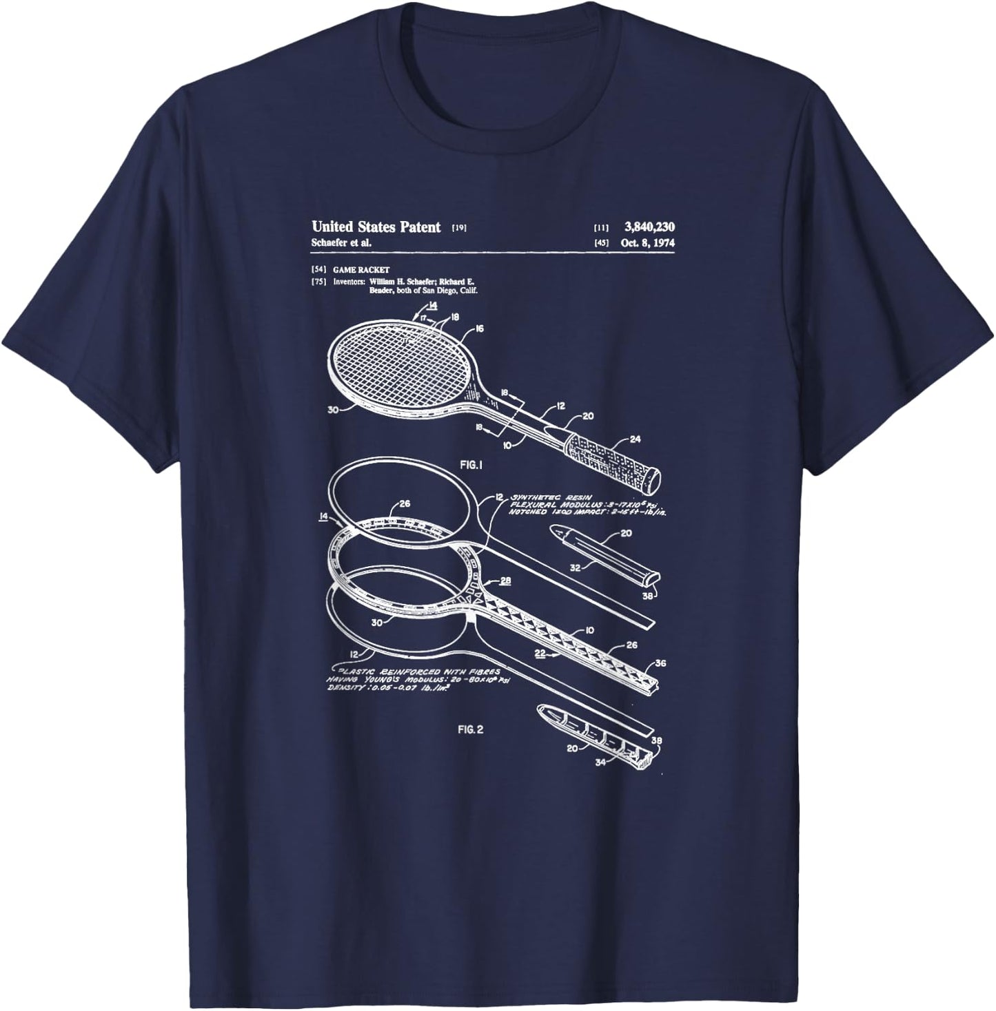 Vintage Patent Print 1974 Tennis Racket T-Shirt - T-Shirt | Navy
