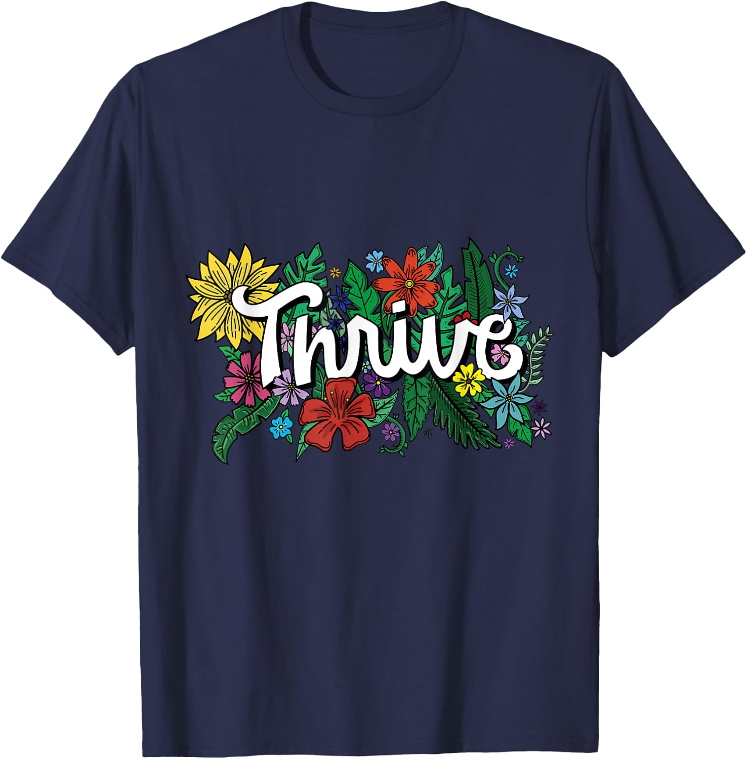 Thrive Retro Flowers Illustrated Design Graphic T Shirt T-Shirt - T-Shirt | Navy