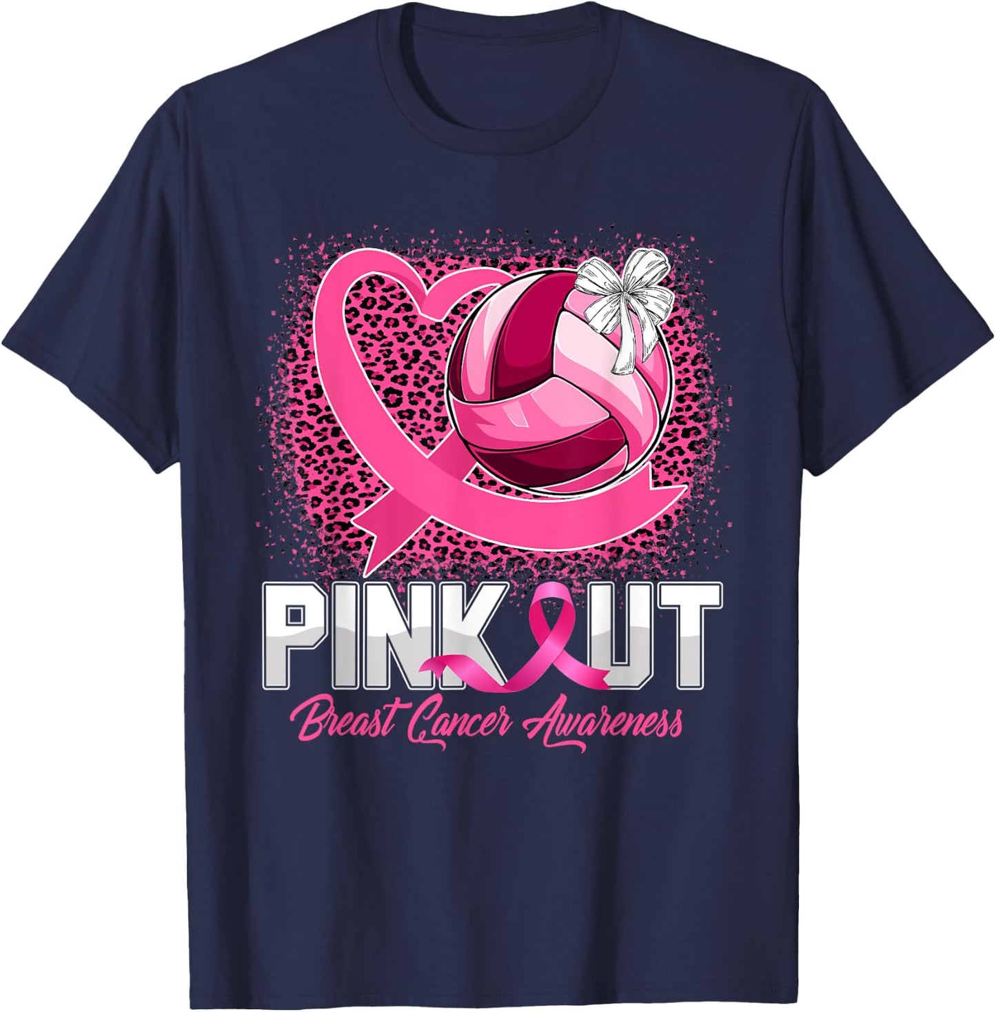 Pink Out Breast Cancer Awareness Volleyball Leopard Bleached T-Shirt - T-Shirt | Navy