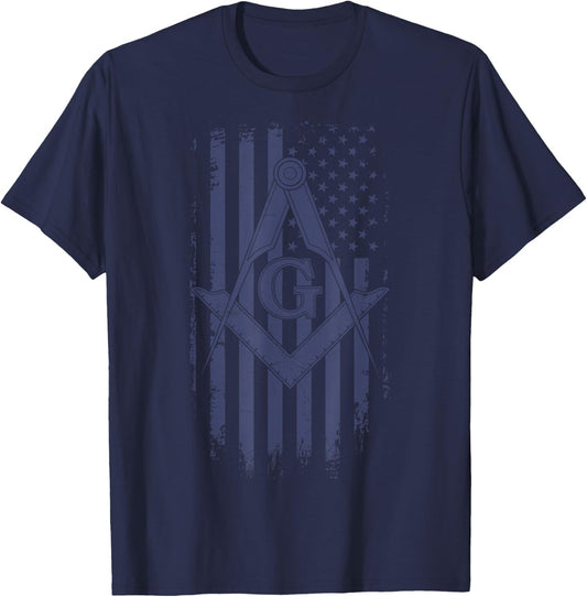 Masonic American Flag Square & Compass Freemason Navy Blue T-Shirt - T-Shirt | Navy