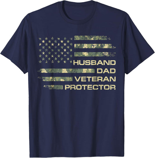 Husband Dad Veteran Protector Father Day American Flag T-Shirt - T-Shirt | Navy