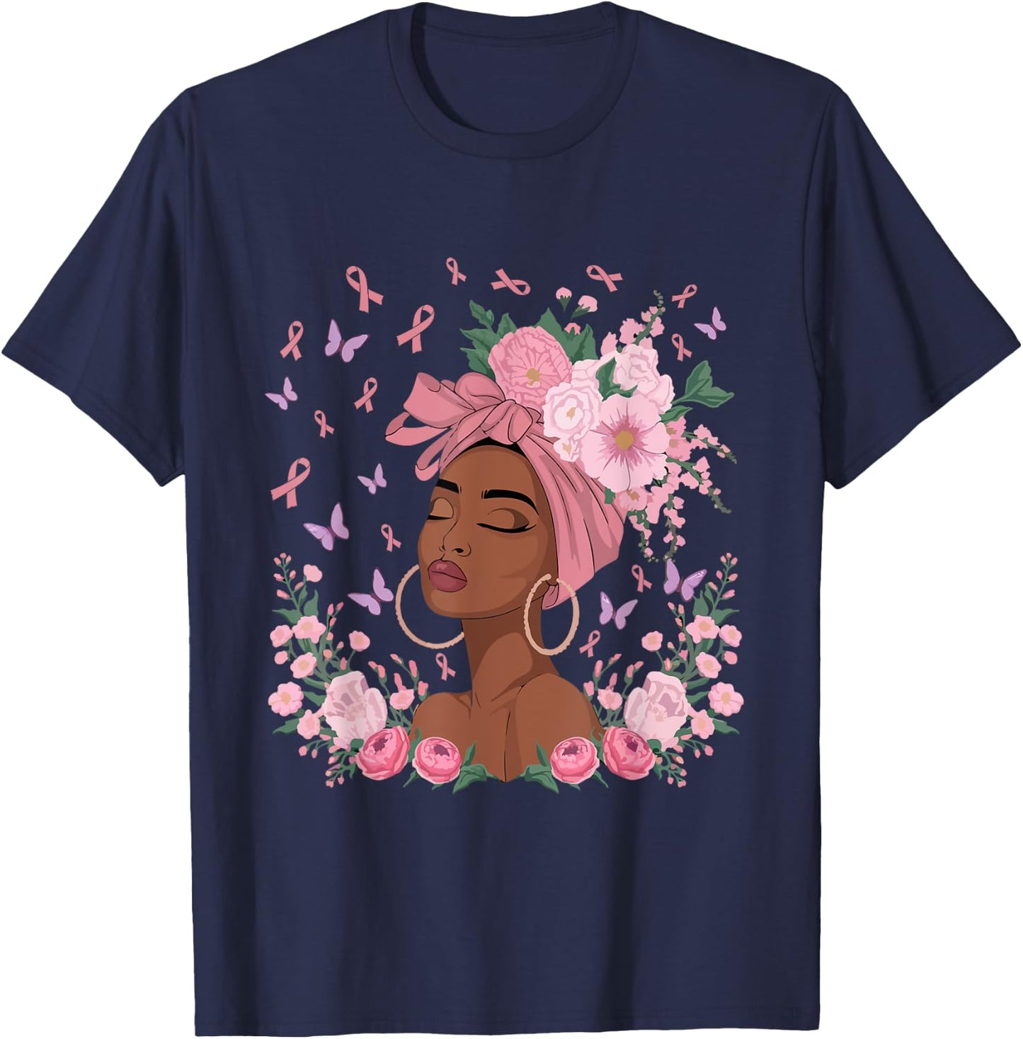 Black Woman In October We Wear Pink Ribbon Breast Cancer T-Shirt - T-Shirt | Navy