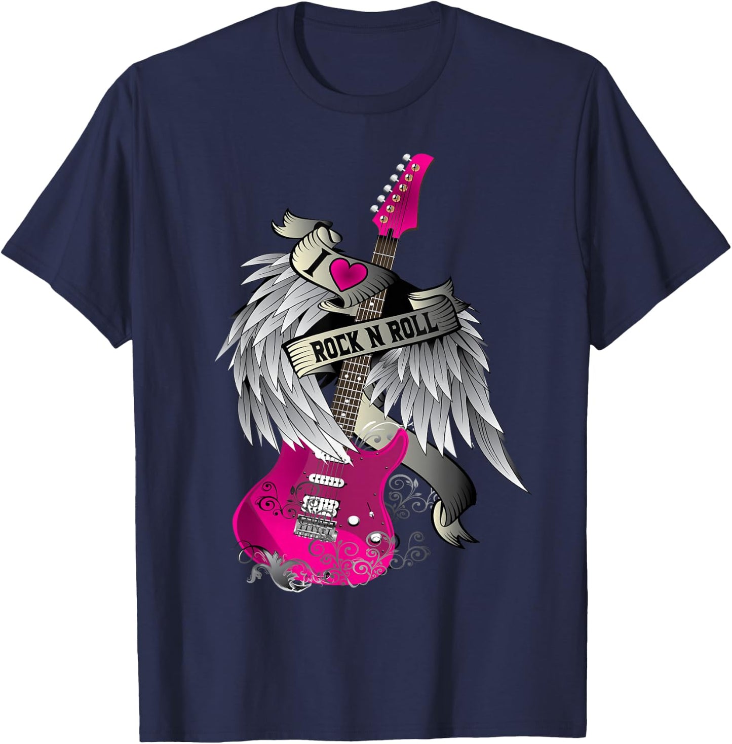 I Love Rock And Roll Guitar Angel Wings T-Shirt - T-Shirt | Navy