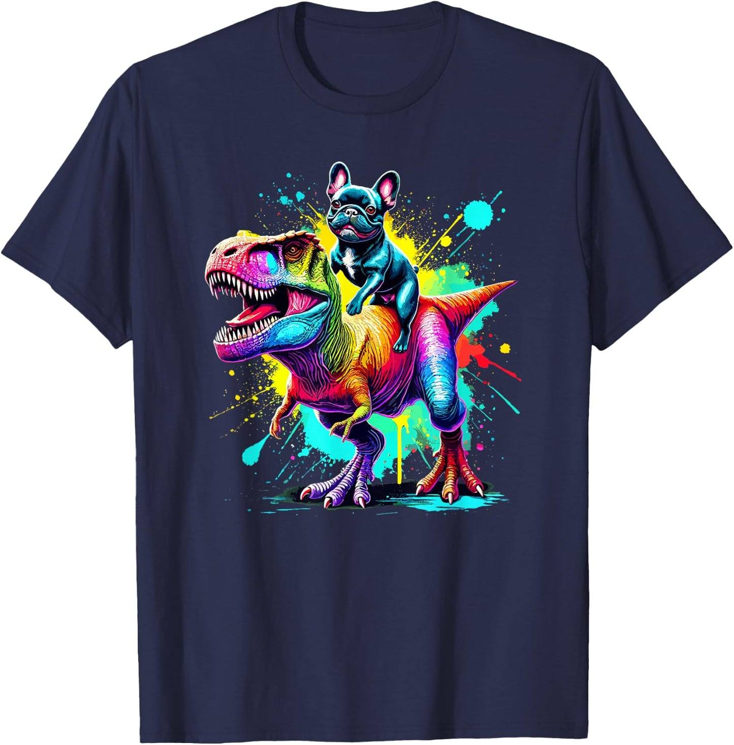 Splash Art Dinosaur T-Rex French Bulldog Frenchie T-Shirt - T-Shirt | Navy