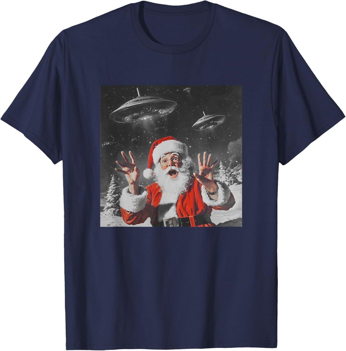 Santa Claus Selfie with UFOs Weird Print Graphic Space Funny T-Shirt - T-Shirt | Navy