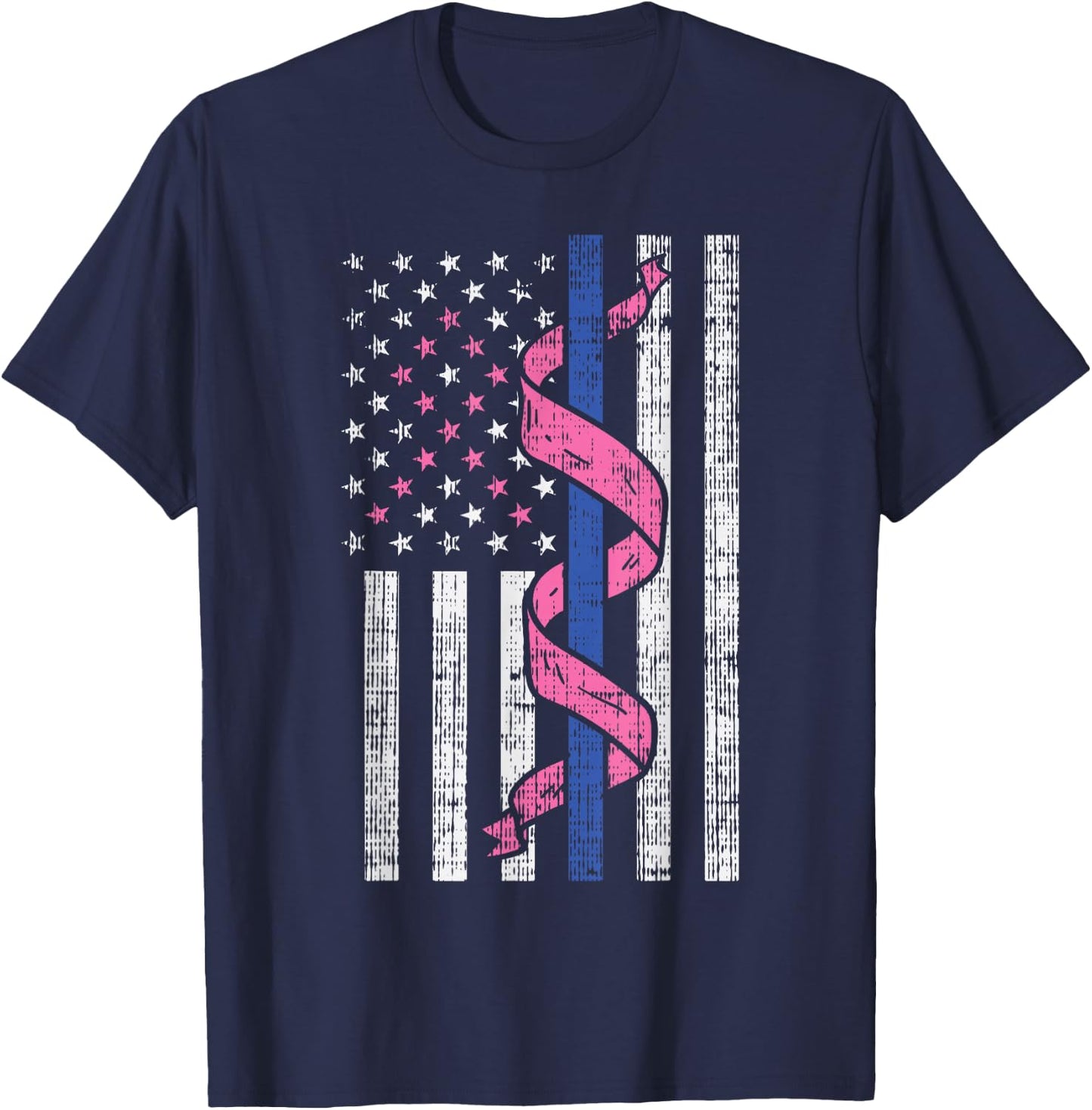 Blue Line Police US Flag Pink Ribbon Breast Cancer Awareness T-Shirt - T-Shirt | Navy
