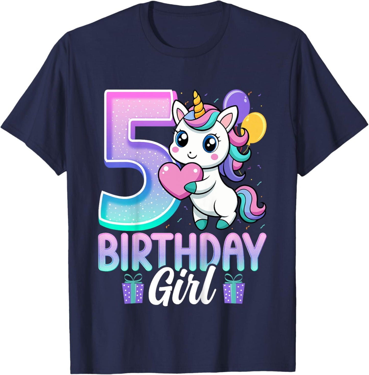 Birthday Girl Unicorn 5 Years Old 5th Birthday Party Unicorn T-Shirt - T-Shirt | Navy