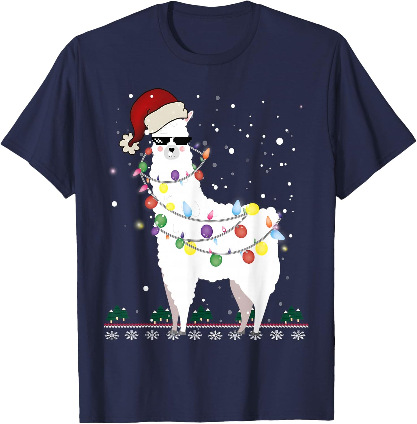 Christmas Llama Santa Hat Ugly Xmas Tree Alpaca Gift T-Shirt - T-Shirt | Navy