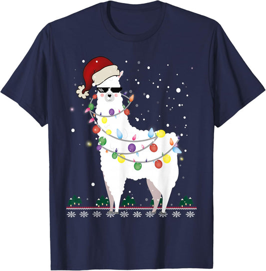 Christmas Llama Santa Hat Ugly Xmas Tree Alpaca Gift T-Shirt - T-Shirt | Navy