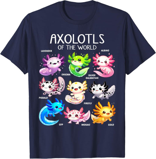 Axolotls Of The World Kawaii Types Of Axolotl Fish Amphibian T-Shirt - T-Shirt | Navy