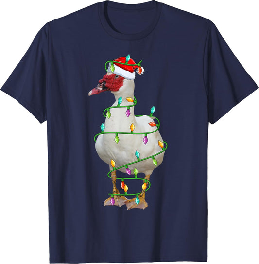 Xmas Lights Santa Hat Muscovy Duck Bird Christmas T-Shirt - T-Shirt | Navy