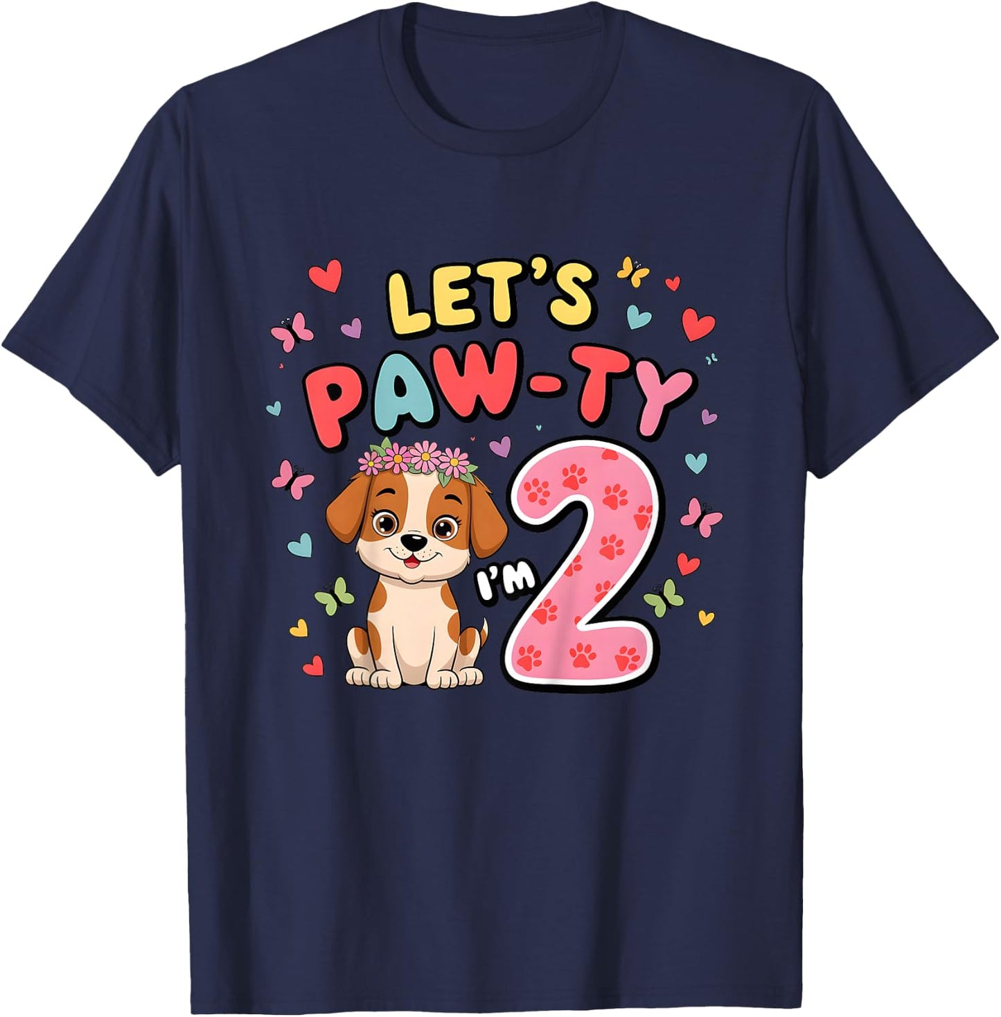 Let's Paw-ty 2th Birthday Girl Dog Puppy Lover 2 Years Old T-Shirt - T-Shirt | Navy