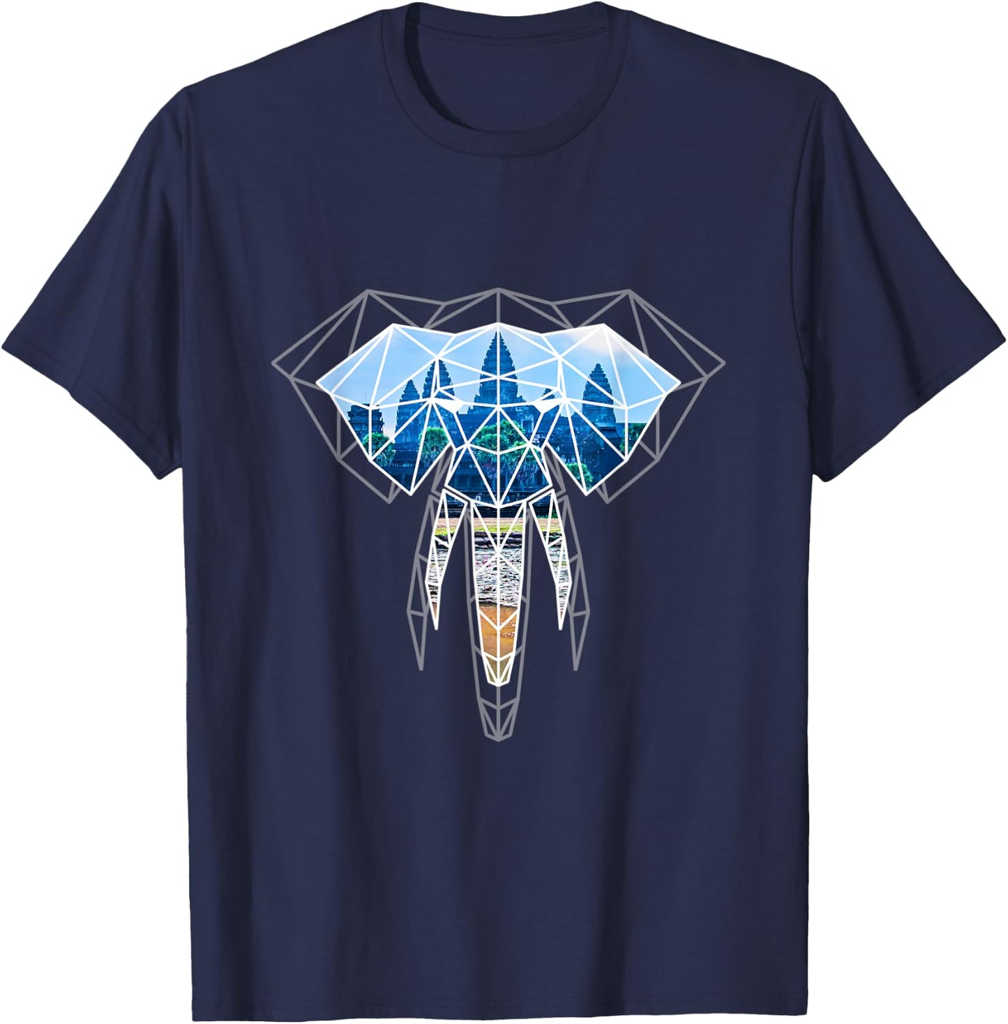 Cambodia Elephant Angkor Geometric Origami Graphic T-Shirt - T-Shirt | Navy