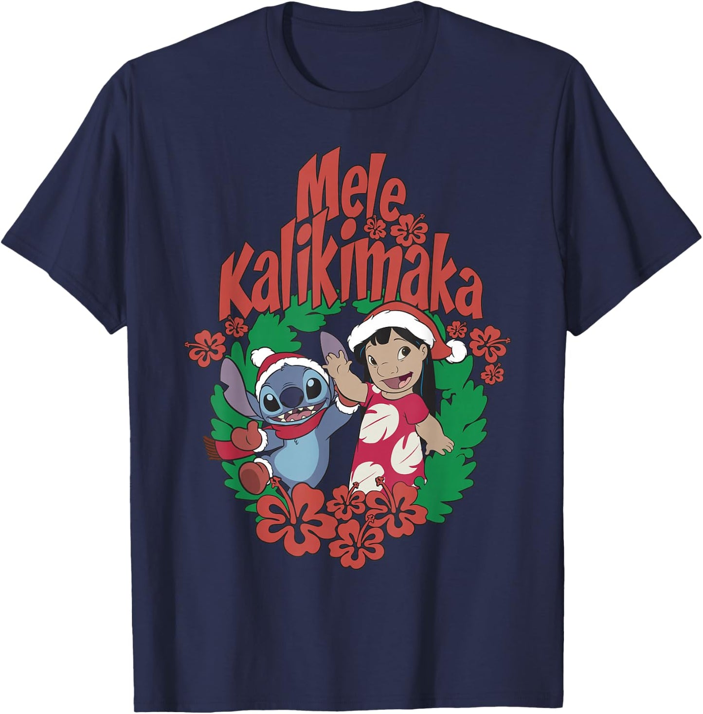 Disney Lilo & Stitch Christmas Mele Kalikimaka Wreath T-Shirt - T-Shirt | Navy