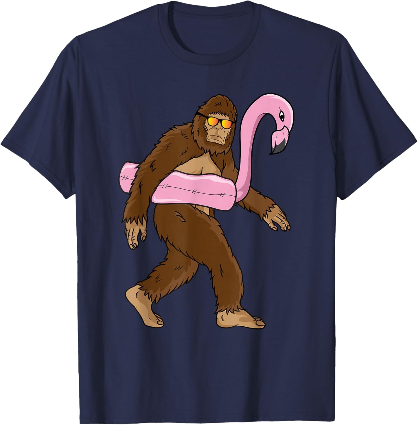 Vacation Summer Swimming Souvenir Funny Gift Ideas Pool Party Bigfoot Pink Float Flamingo Sasquatch Bird Lover -Adults T-Shirt - T-Shirt | Navy