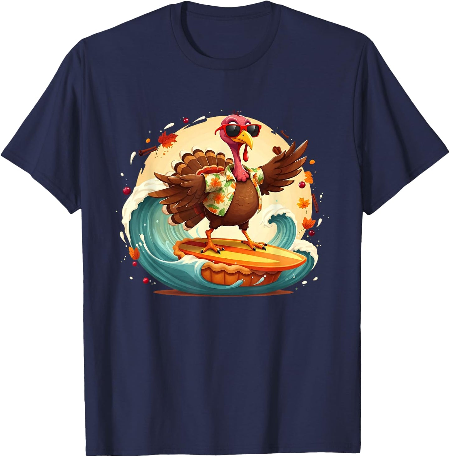 Funny Surf Hawaiian Turkey Surfing Pumpkin Pie Thanksgiving T-Shirt - T-Shirt | Navy