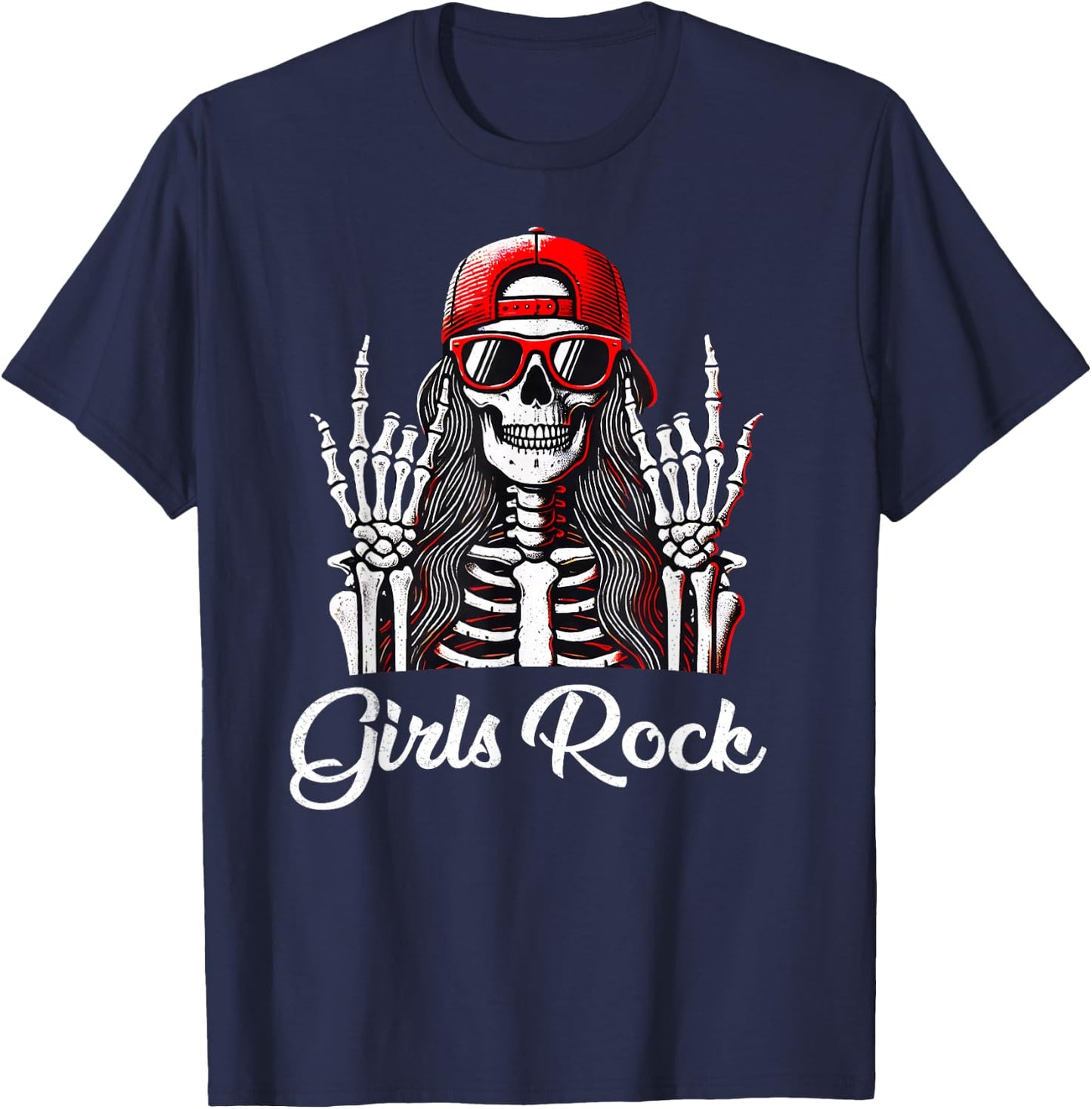 Girls Rock, Rock'n Roll Girl, Skeleton Rocker Cool Punk Rock T-Shirt - T-Shirt | Navy