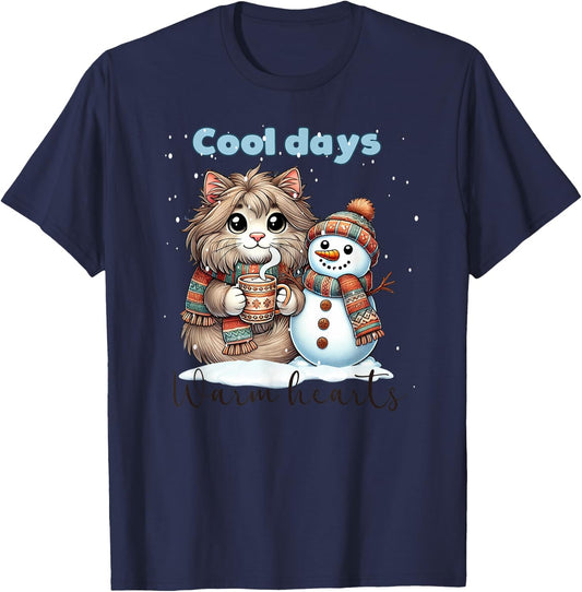 Kitty Cat and Snowman Friends Share Coffee in Winter Snow T-Shirt - T-Shirt | Navy