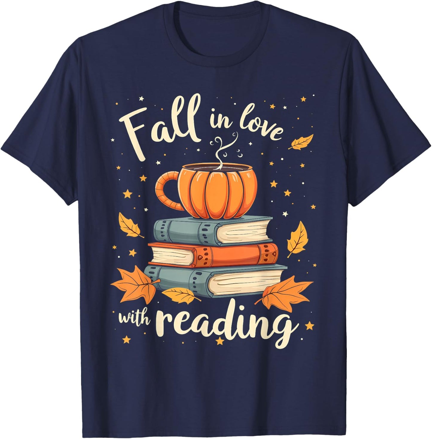 Fall In Love With Reading Book Autumn Pumpkins And Teachers T-Shirt - T-Shirt | Navy