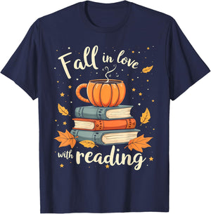 Fall In Love With Reading Book Autumn Pumpkins And Teachers T-Shirt - T-Shirt | Navy