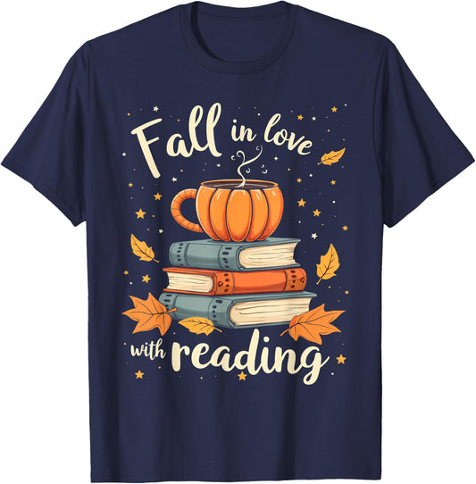 Fall In Love With Reading Book Autumn Pumpkins And Teachers T-Shirt - T-Shirt | Navy