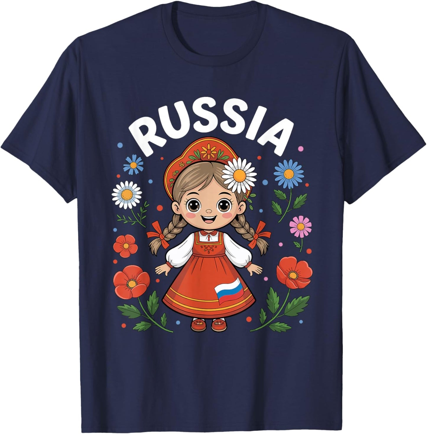 Cute Russia Girl Traditional Folk Dress and Flowers for Kids T-Shirt - T-Shirt | Navy