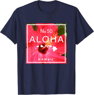 Hawaii Aloha No. 50 Red Hibiscus & Hawaiian Island Map T-Shirt - T-Shirt | Navy