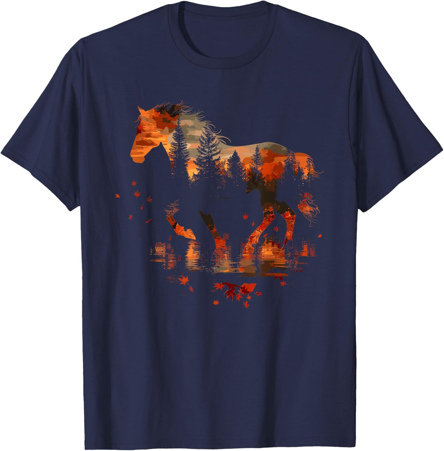 Cute Horse Lover Autumn Leaves Pony Animal Wildlife T-Shirt - T-Shirt | Navy